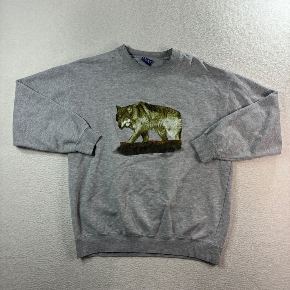 Vintage Wolf Crewneck Sweatshirt Mens Medium Gray Pullover 90s Nature OVB Animal